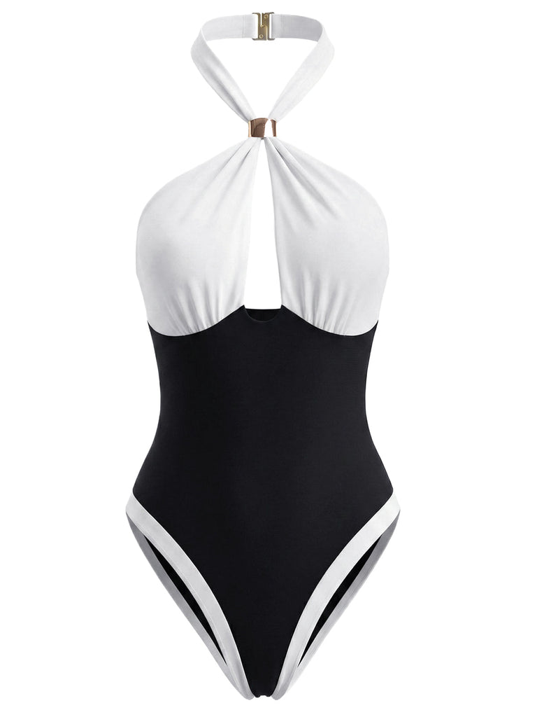 黑白拼色 1940s Halter Swimsuit