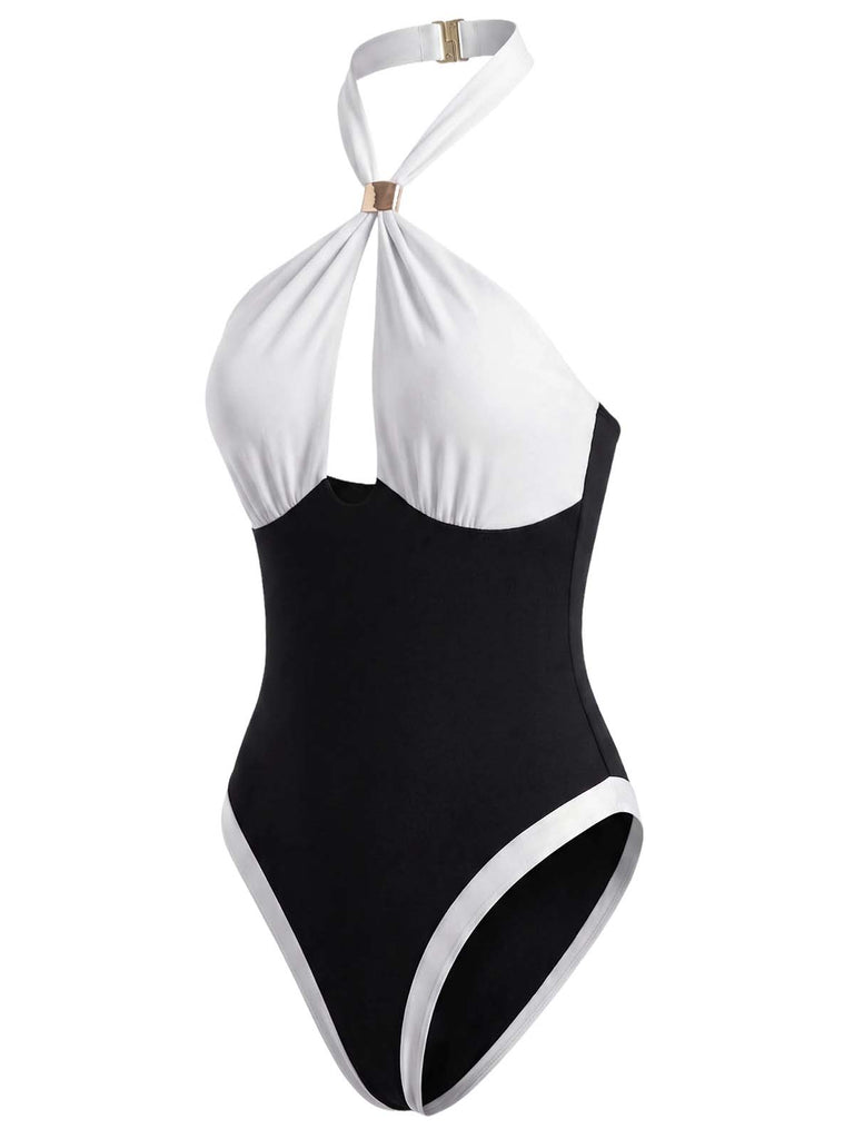 黑白拼色 1940s Halter Swimsuit