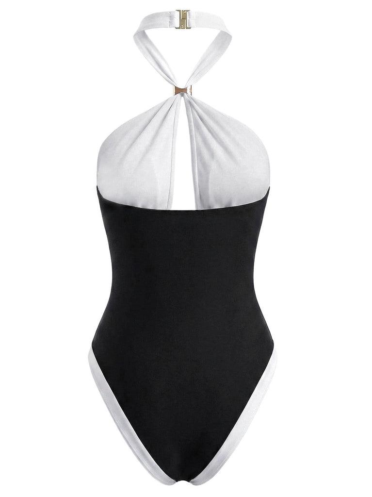 黑白拼色 1940s Halter Swimsuit