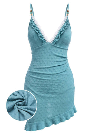 [Pre-Sale] Turquoise 1960s Lace Ruffled Beaded One-Piece Swimdress, vintage dress, retro fashion, lace detail - perfect for women who love vintage and retro fashion