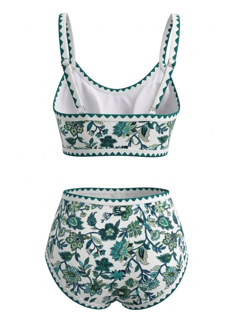 Green 1950s Scoop Neck Floral High-Waist Bikini Set