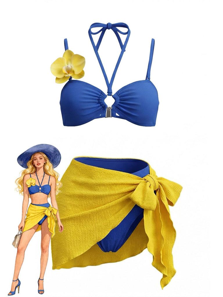 3PCS Blue 1980s Phalaenopsis Halter Bikini Set & Yellow Sarong, vintage swimsuit, pin-up swimwear - perfect for women who love vintage and retro fashion