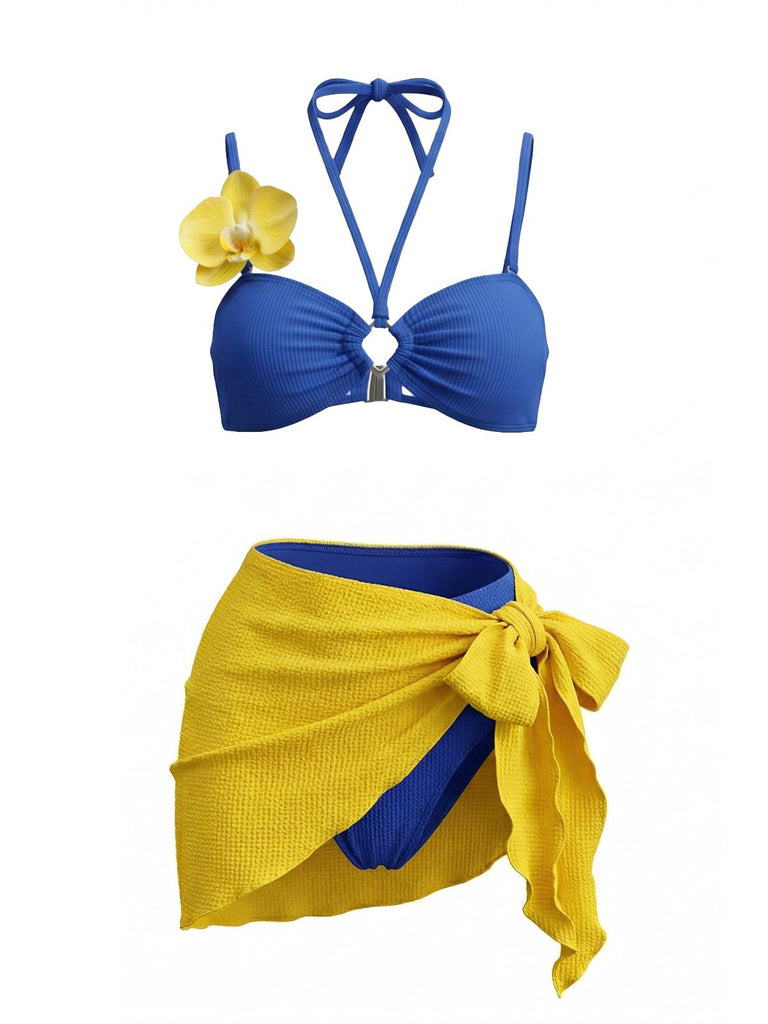 3PCS Blue 1980s Phalaenopsis Halter Bikini Set & Yellow Sarong, vintage swimsuit, pin-up swimwear - perfect for women who love vintage and retro fashion