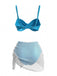 3PCS Blue 1980s Solid Shiny Satin High Waist Bikini & Mesh Cover-Up, vintage swimsuit, pin-up swimwear - perfect for women who love vintage and retro fashion