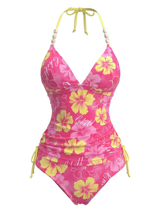 1980s Halter Floral Beaded Straps Bikini Set
