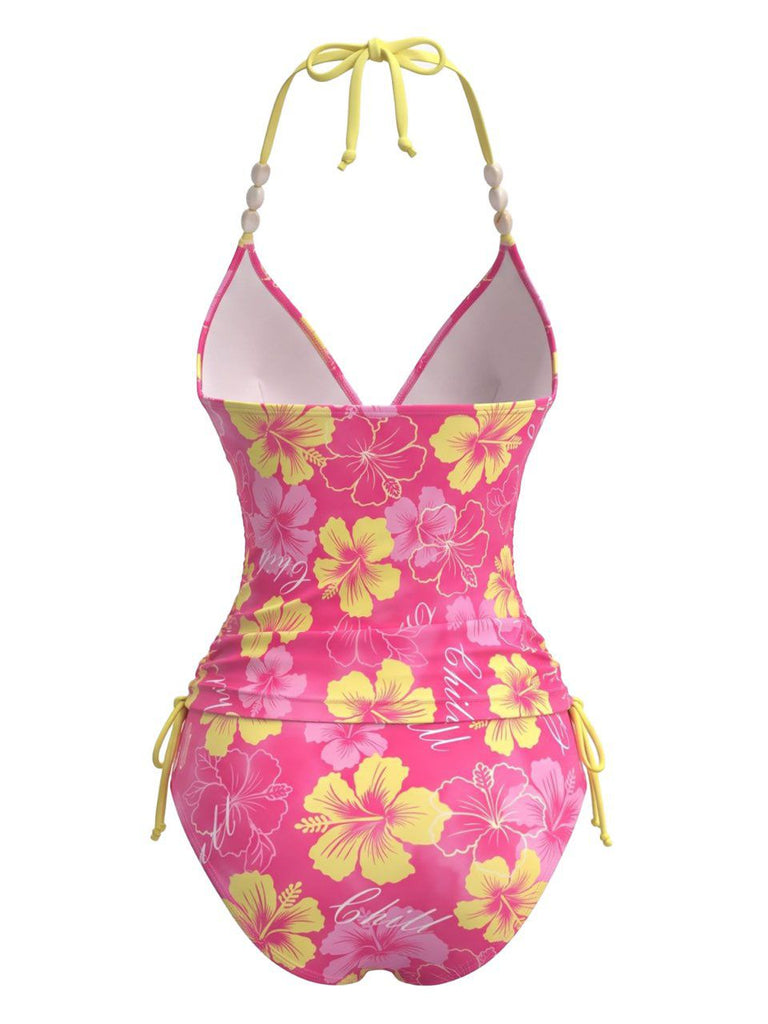 1980s Halter Floral Beaded Straps Bikini Set