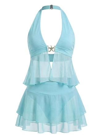 [Pre-Sale] Turquoise 1950s Chiffon Starfish Halter Ruffled Tankini Set