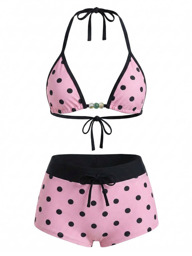 [Pre-Sale] 1950s Polka Dots Tie Halter Beaded Swimwear Set