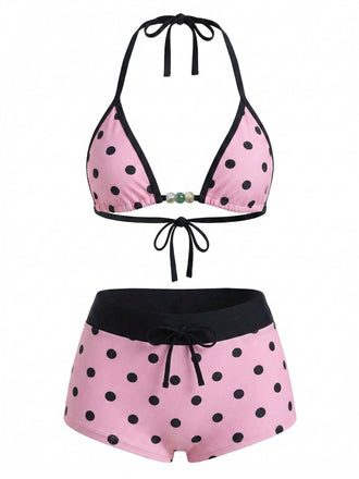 [Pre-Sale] 1950s Polka Dots Tie Halter Beaded Swimwear Set