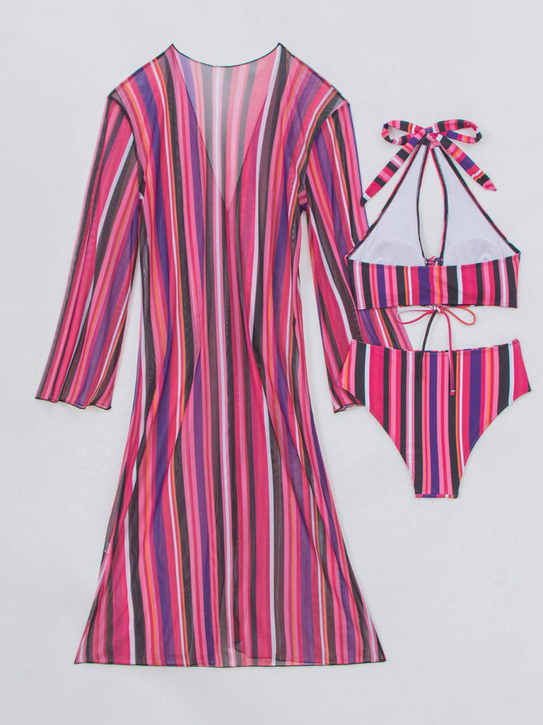 1960s Vertical Stripe Lace-Up Bikini Set & Cover-Up