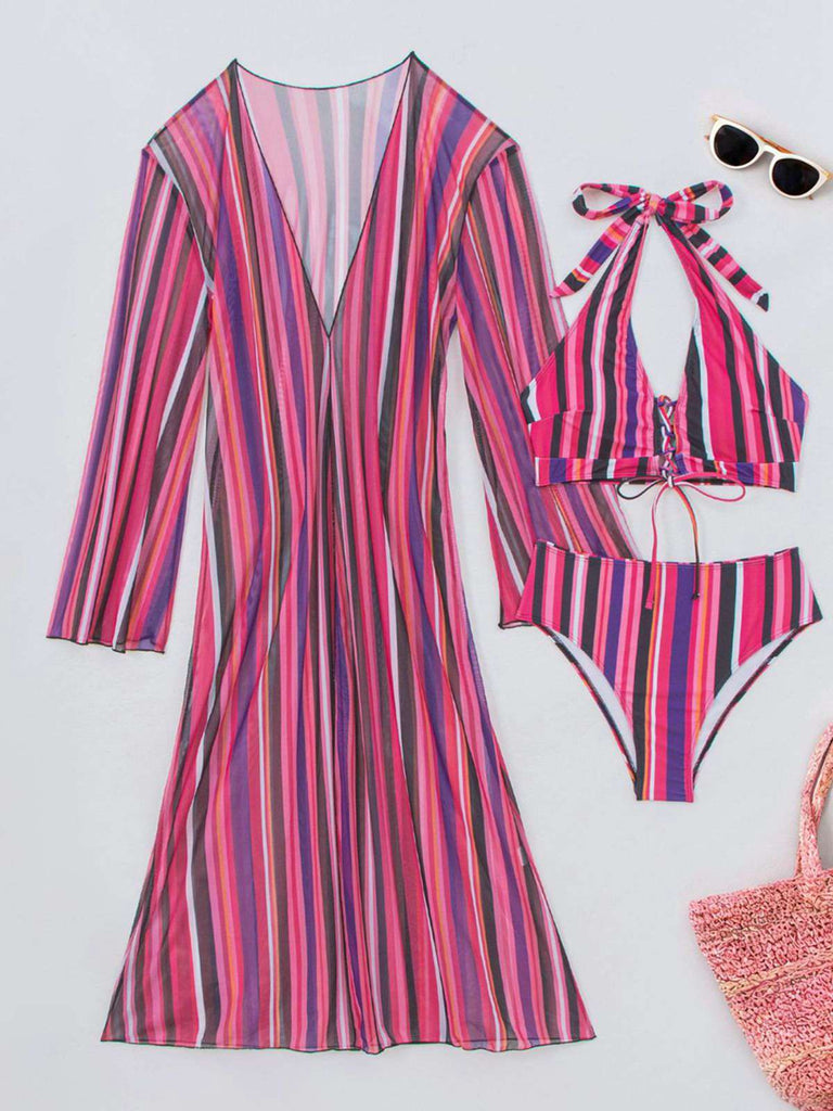 1960s Vertical Stripe Lace-Up Bikini Set & Cover-Up