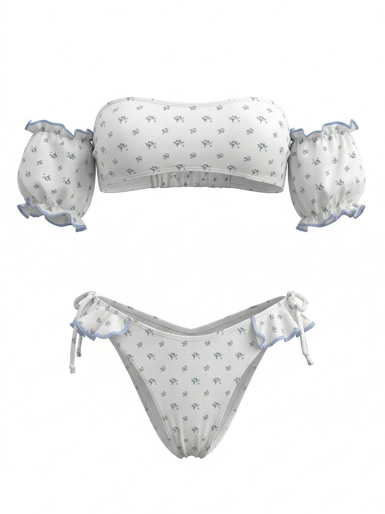 Elegant White Vintage Floral Ruffle Swimsuit 2