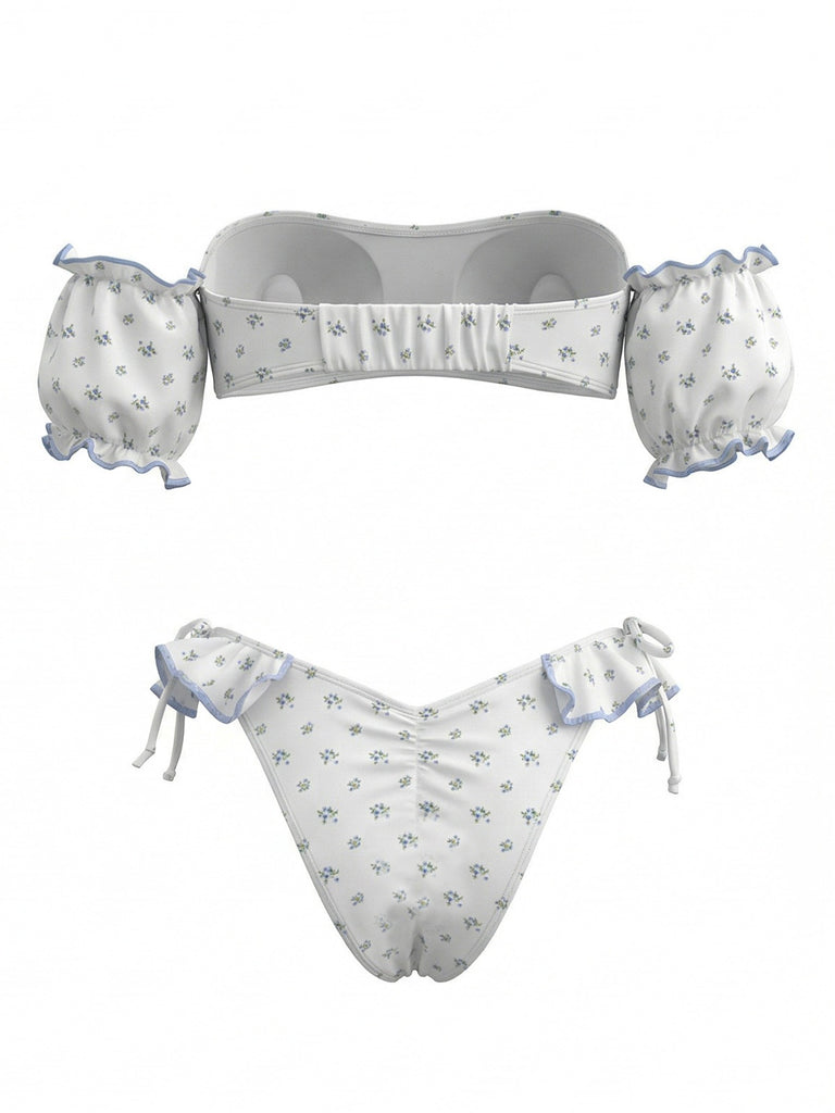 Elegant White Vintage Floral Ruffle Swimsuit 3