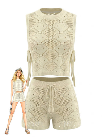 Beige 1960s Sleeveless Knit Shorts Set