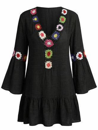 1970s Ruffle Patchwork V-Neck Vacation Cover Up