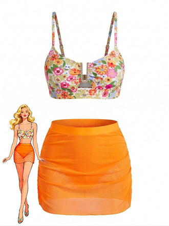 1960s Floral U-Metal Buckle High Waist Tankini Set