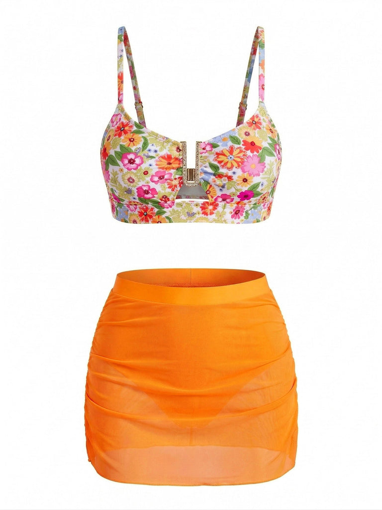 1960s Floral U-Metal Buckle High Waist Tankini Set
