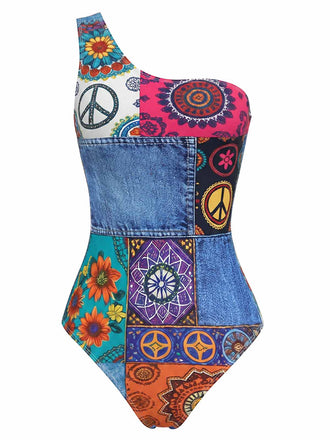 Multicolor 1960s Print One-Piece Swimsuit