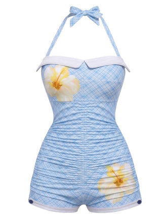 [Pre-Sale] Sky Blue 1950s Floral Halter Bowknot One-piece Swimsuit, vintage swimsuit, pin-up swimwear - perfect for women who love vintage and retro fashion
