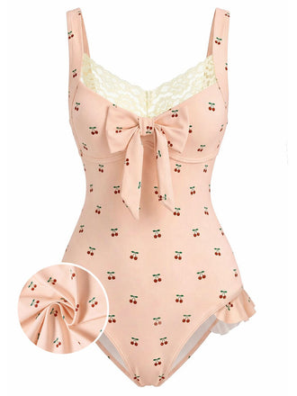 Pink 1950s Lace Cherry Bow One-Piece Swimsuit