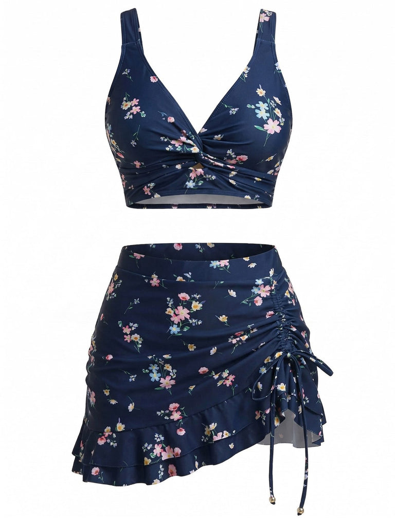1940s Floral Twist Front Bikini Set & Ruffled Cover-Up