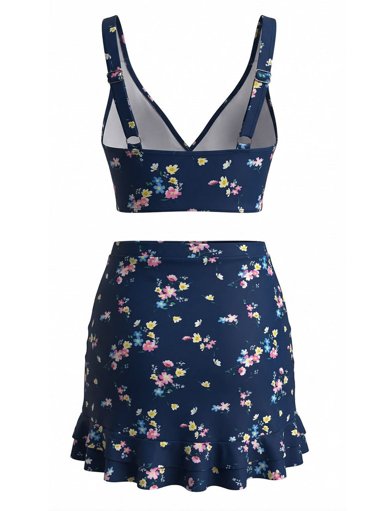 1940s Floral Twist Front Bikini Set & Ruffled Cover-Up