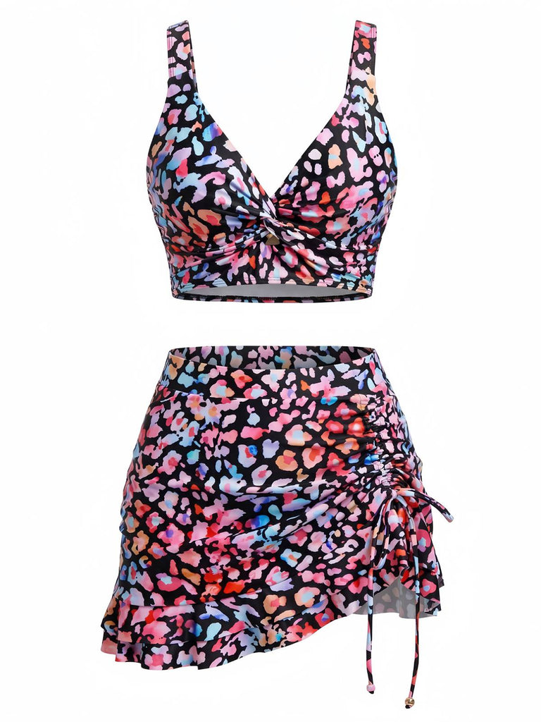 1940s Floral Twist Front Bikini Set & Ruffled Cover-Up