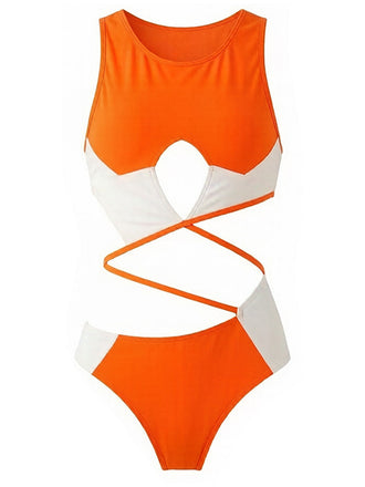 Orange Color 1980s Colorblock One Piece Swimsuit