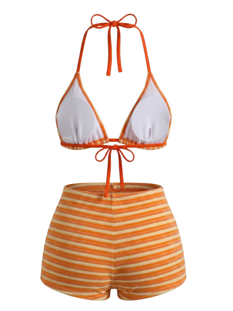 2PCS Brown 1950s Striped Terry Halter Bikini & Shorts