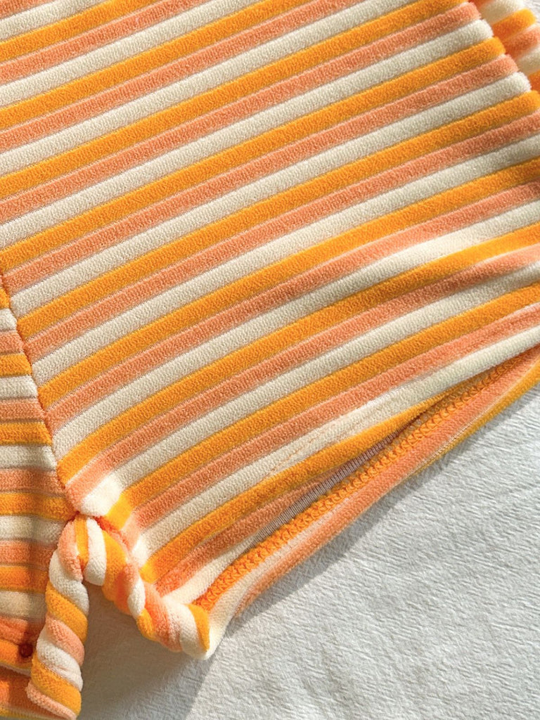 2PCS Brown 1950s Striped Terry Halter Bikini & Shorts