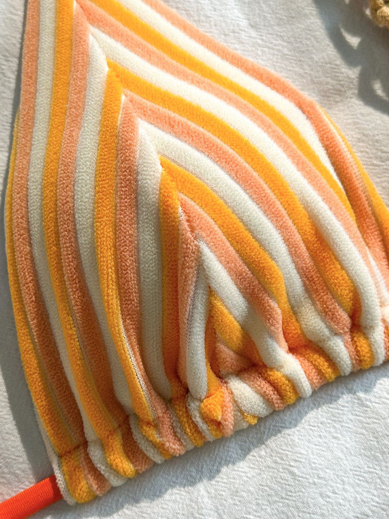 2PCS Brown 1950s Striped Terry Halter Bikini & Shorts