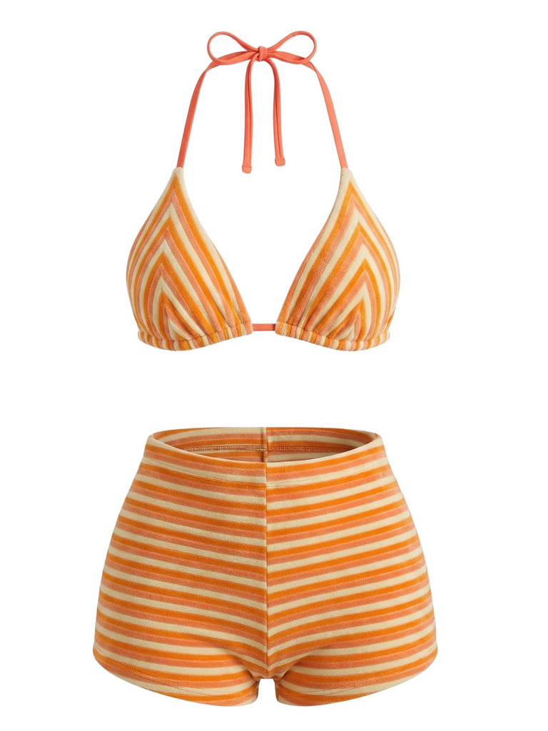 2PCS Brown 1950s Striped Terry Halter Bikini & Shorts