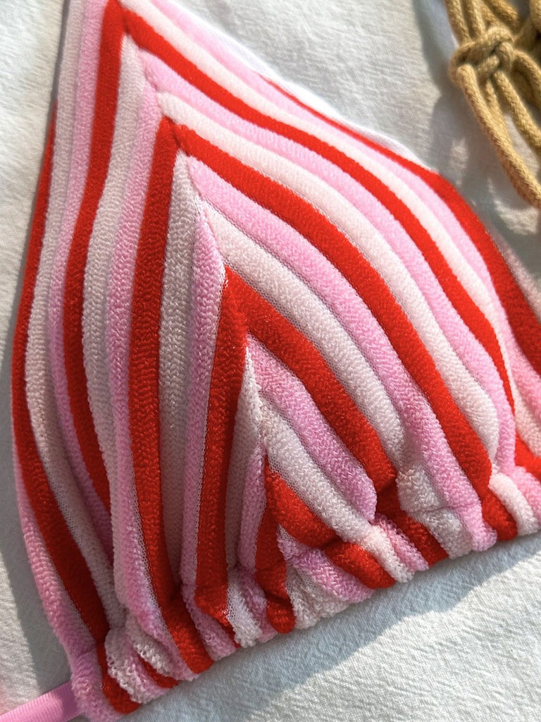 2PCS Brown 1950s Striped Terry Halter Bikini & Shorts