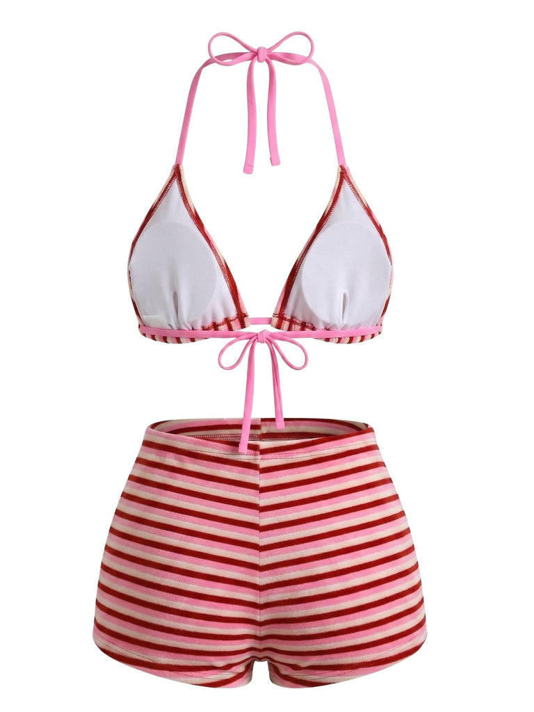 2PCS Brown 1950s Striped Terry Halter Bikini & Shorts