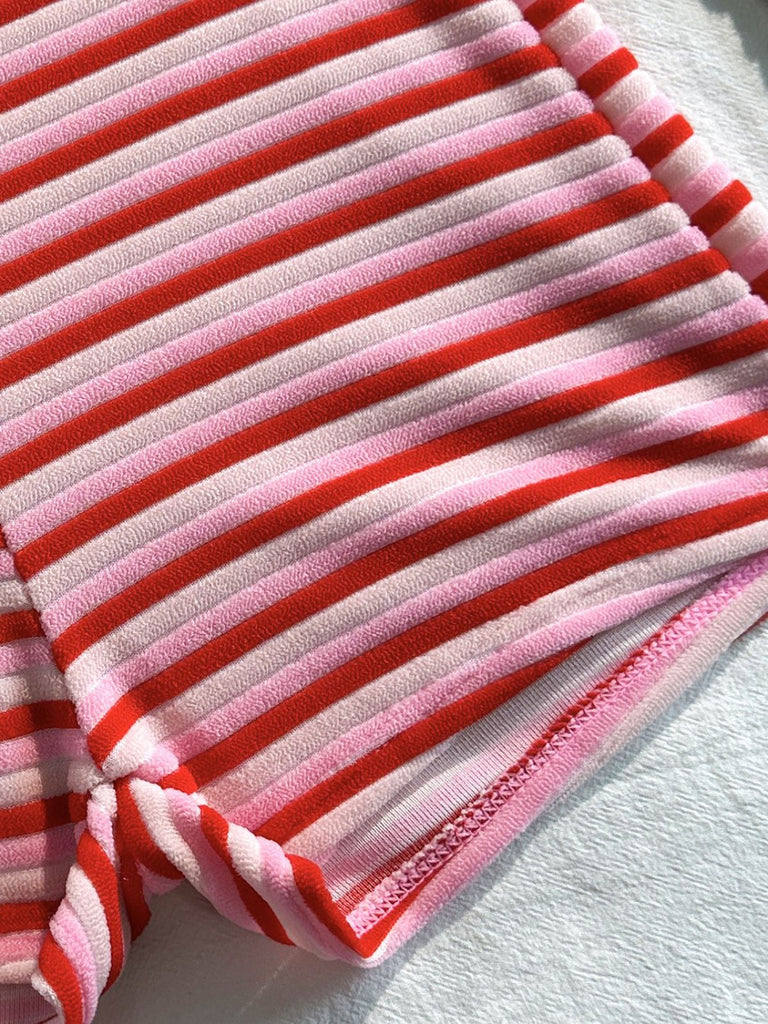 2PCS Brown 1950s Striped Terry Halter Bikini & Shorts