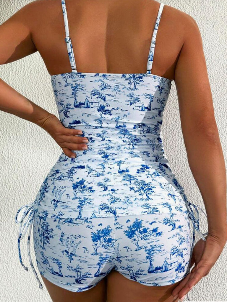 2PCS Blue 1950s Floral Pleated Tankini & High-Waist Shorts, vintage fashion, retro style - perfect for women who love vintage and retro fashion