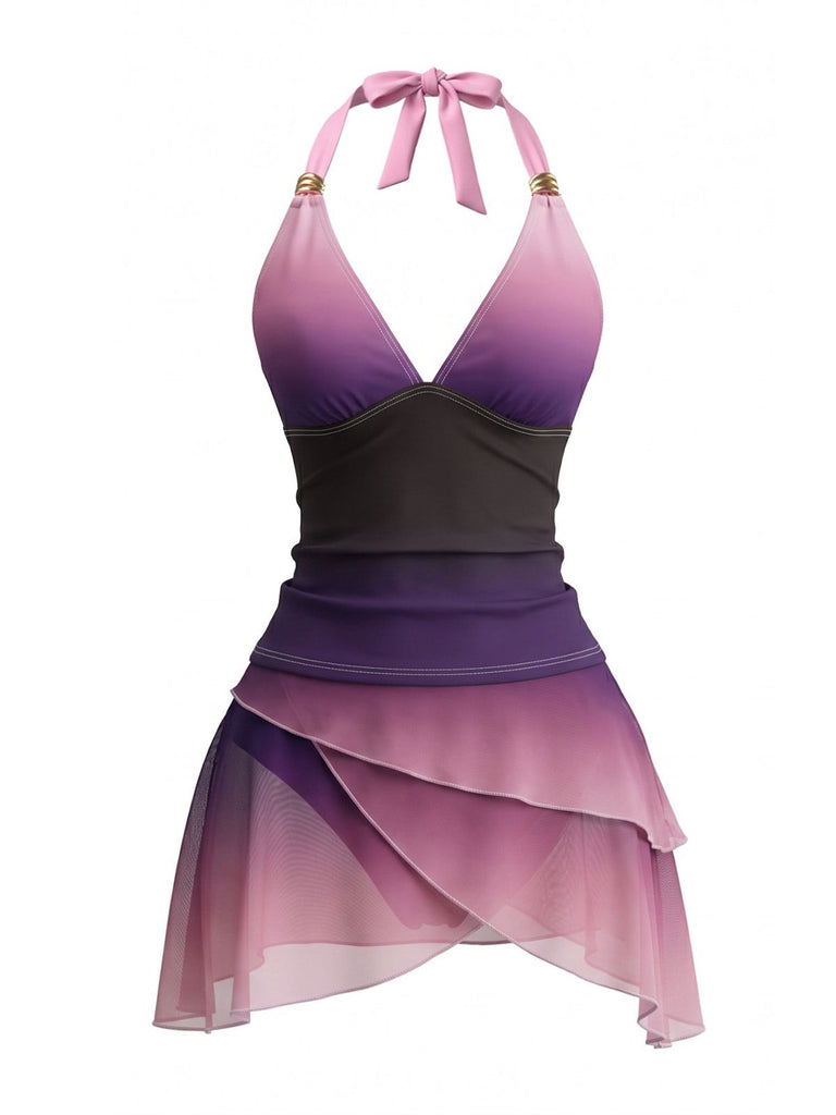 Lavender 1980s Halter Ombre Ruched Tankini Set, vintage fashion, retro style - perfect for women who love vintage and retro fashion