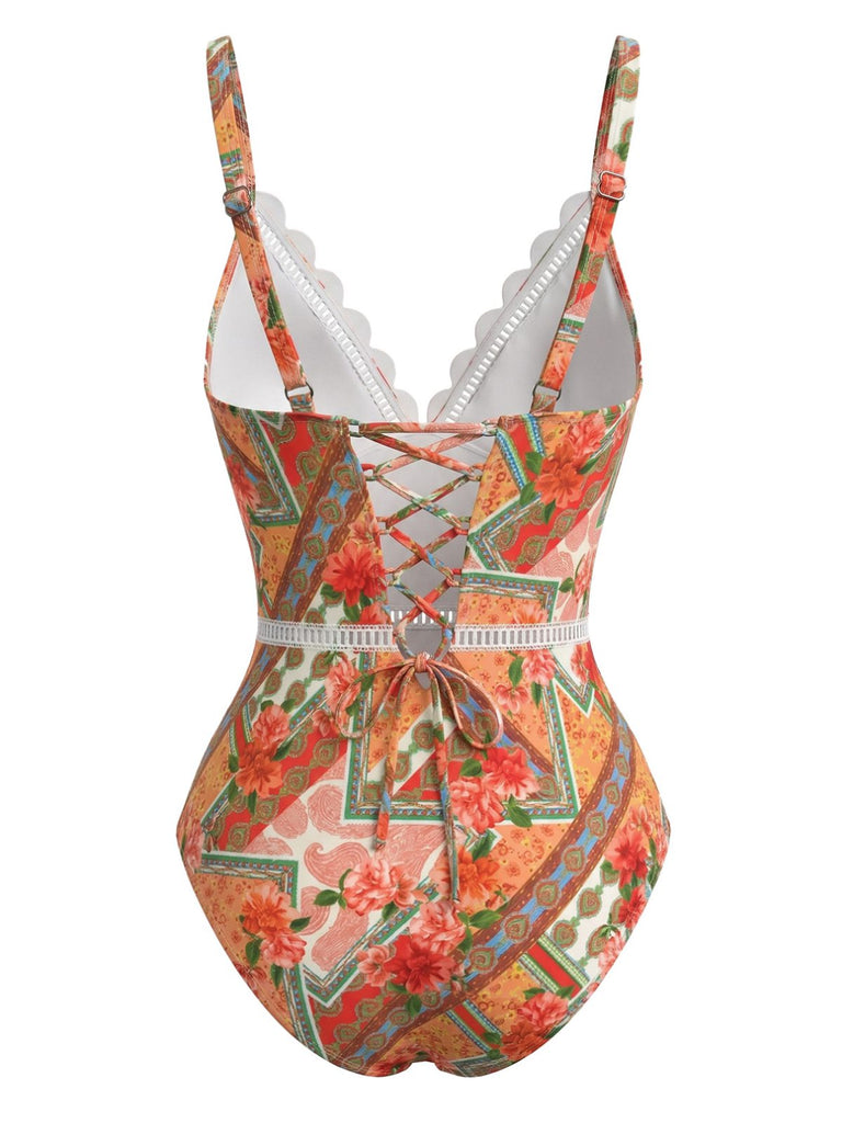 Orange 1940s Floral Hollow Patchwork Swimsuit