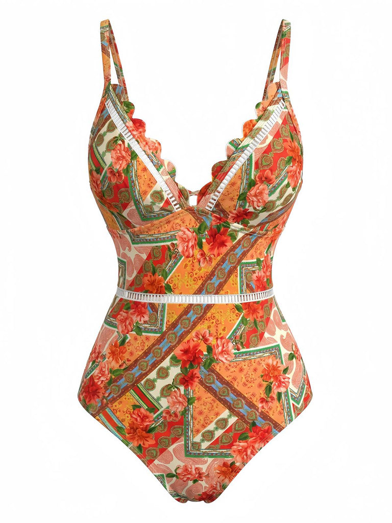 Orange 1940s Floral Hollow Patchwork Swimsuit