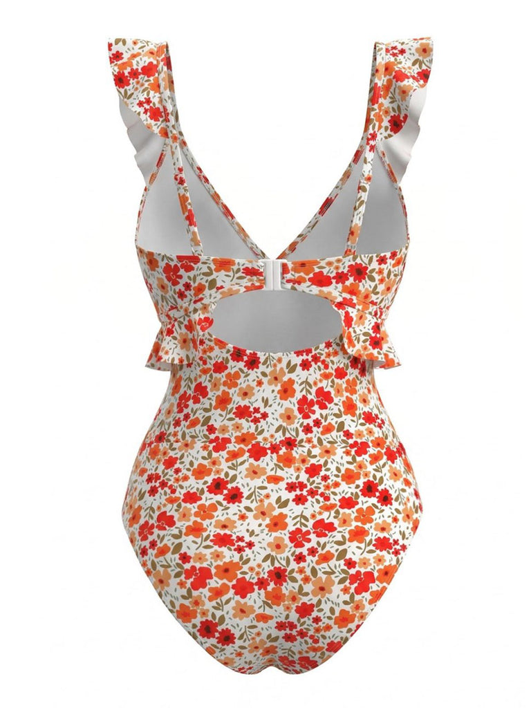 Orange 1940s Floral Ruffled Cutout One-Piece Swimsuit