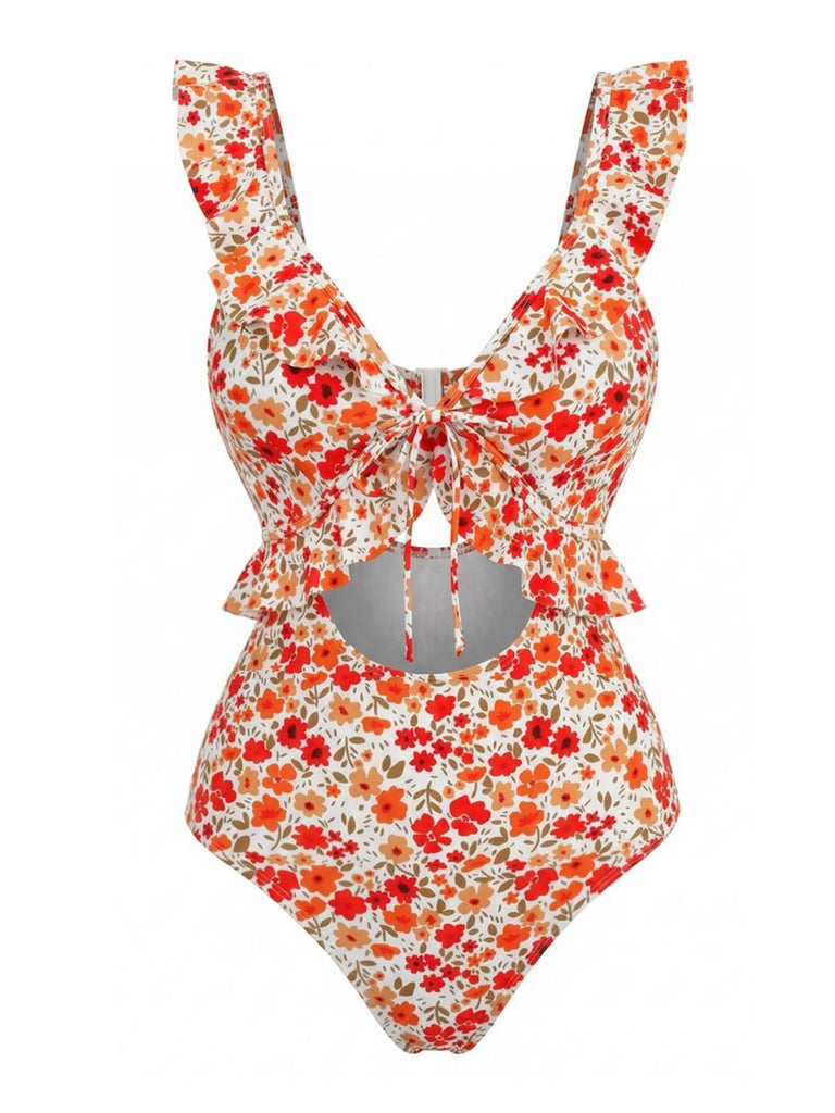 Orange 1940s Floral Ruffled Cutout One-Piece Swimsuit