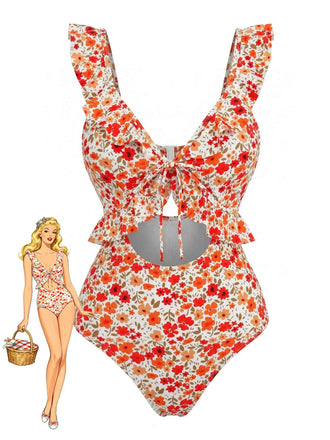 Orange 1940s Floral Ruffled Cutout One-Piece Swimsuit
