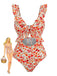 Orange 1940s Floral Ruffled Cutout One-Piece Swimsuit