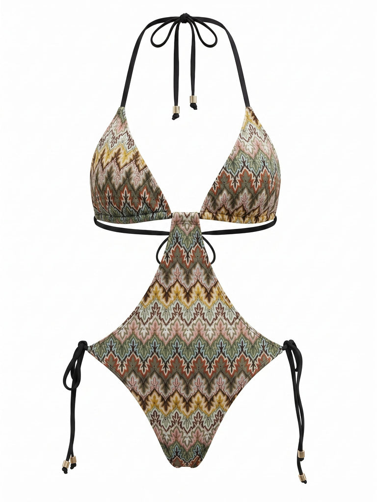 Brown 1970s Boho Chevron Print Ruched One-Piece Swimsuit, vintage swimsuit, pin-up swimwear - perfect for women who love vintage and retro fashion