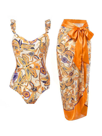 [Pre-Sale] Orange Color 1960s Print Tropical Tankini Set