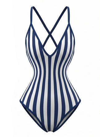 Navy 1980s Print Striped Fitted One Piece Swimsuit