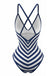 Navy 1980s Print Striped Fitted One Piece Swimsuit 2