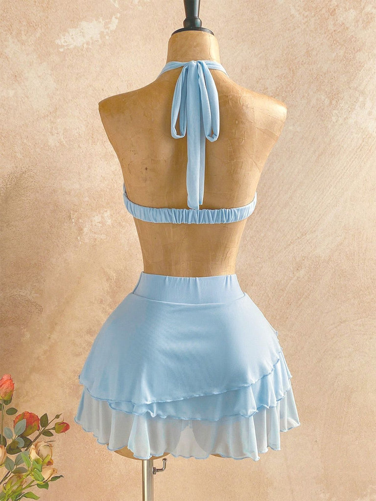 2PCS Light Blue 1980s Halter Backless Tube Top & Skirt Set, vintage skirt, retro style - perfect for women who love vintage and retro fashion