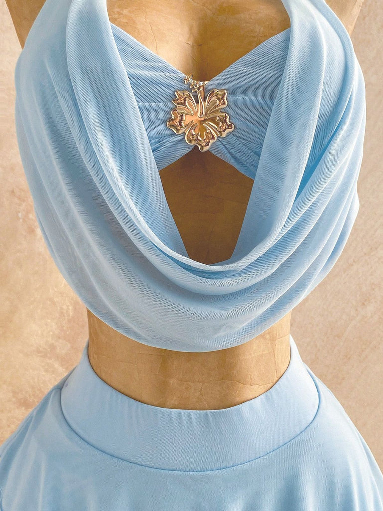 2PCS Light Blue 1980s Halter Backless Tube Top & Skirt Set, vintage skirt, retro style - perfect for women who love vintage and retro fashion