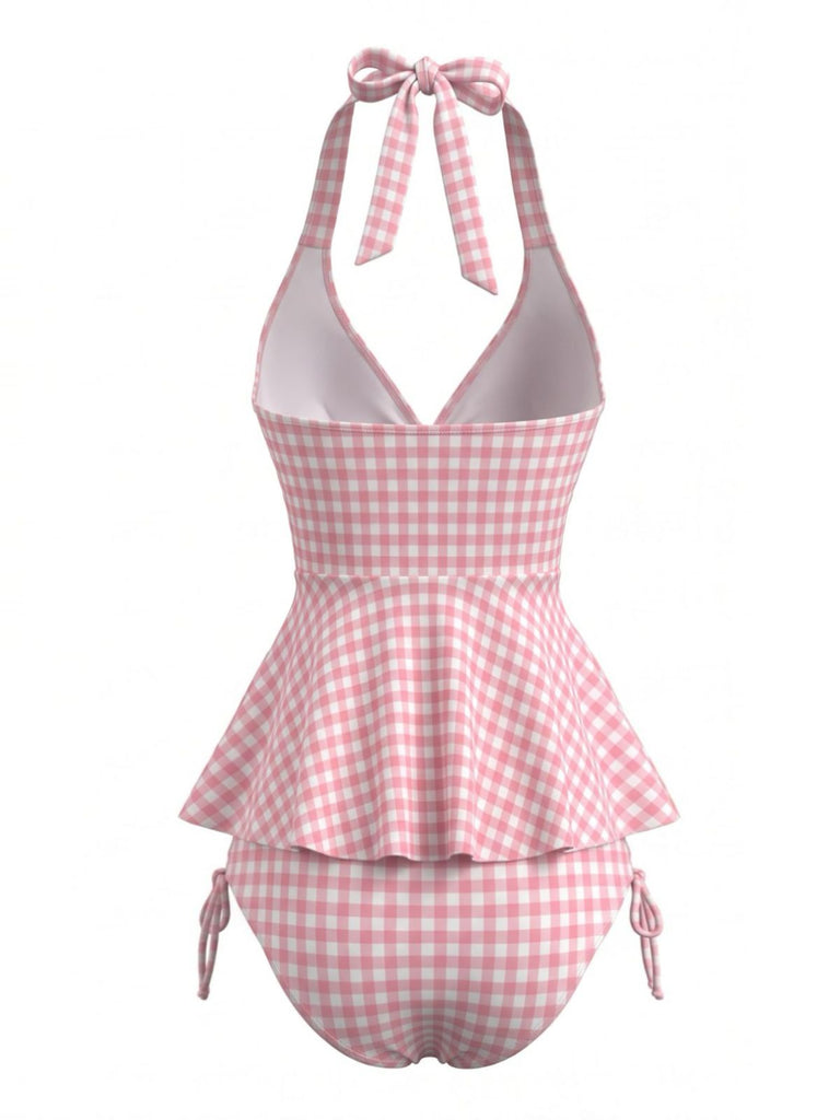 Pink 1950s Gingham Halter Ruffled Tankini Set, vintage fashion, retro style - perfect for women who love vintage and retro fashion